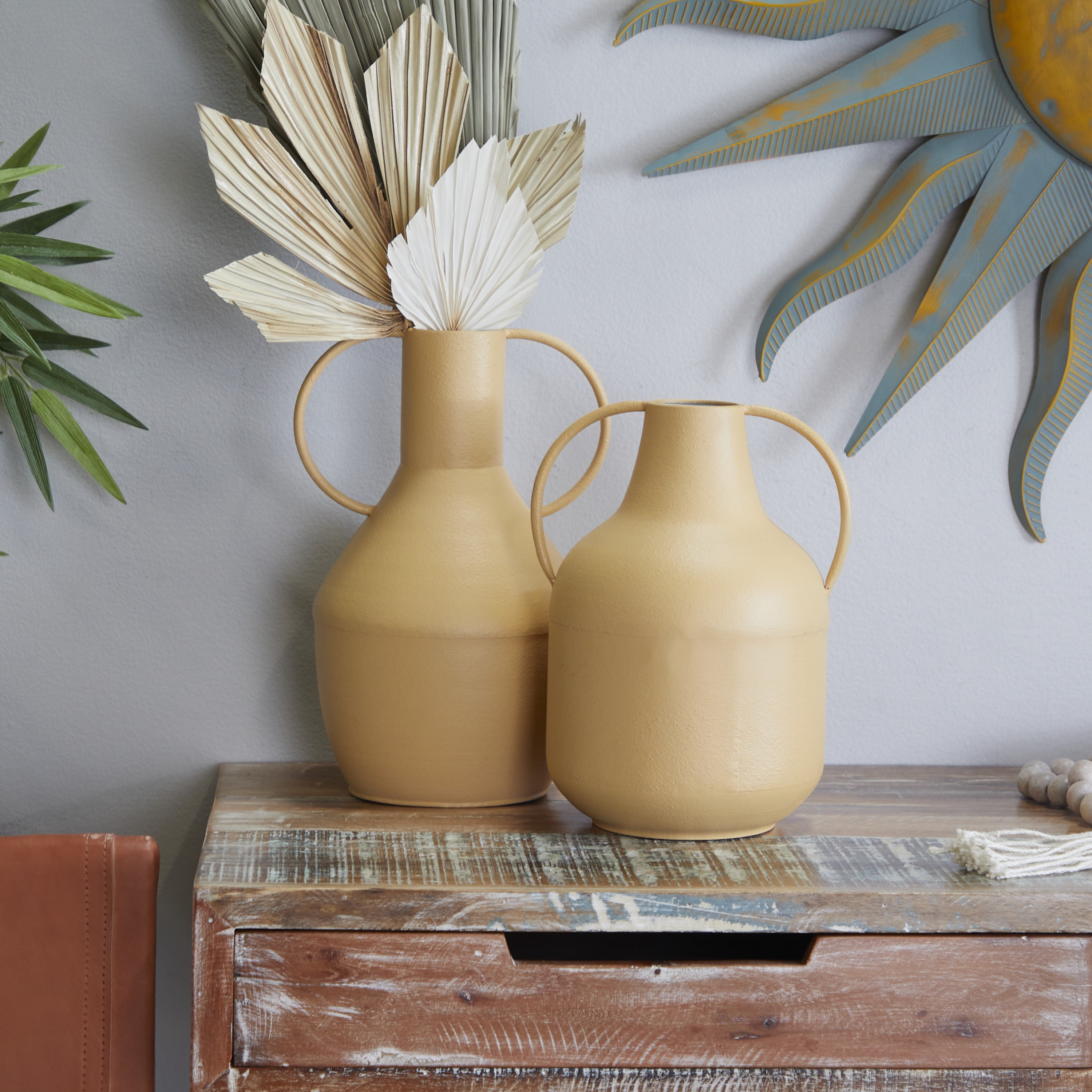 DecMode 14", 12"H Yellow Metal Vase with Handles, Set of 2