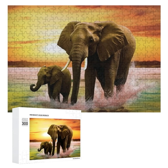 JRXY Elephants Sunset Wildlife Wooden Jigsaw Puzzle Challenging Difficult Wood Puzzles for Adults 300 PCS