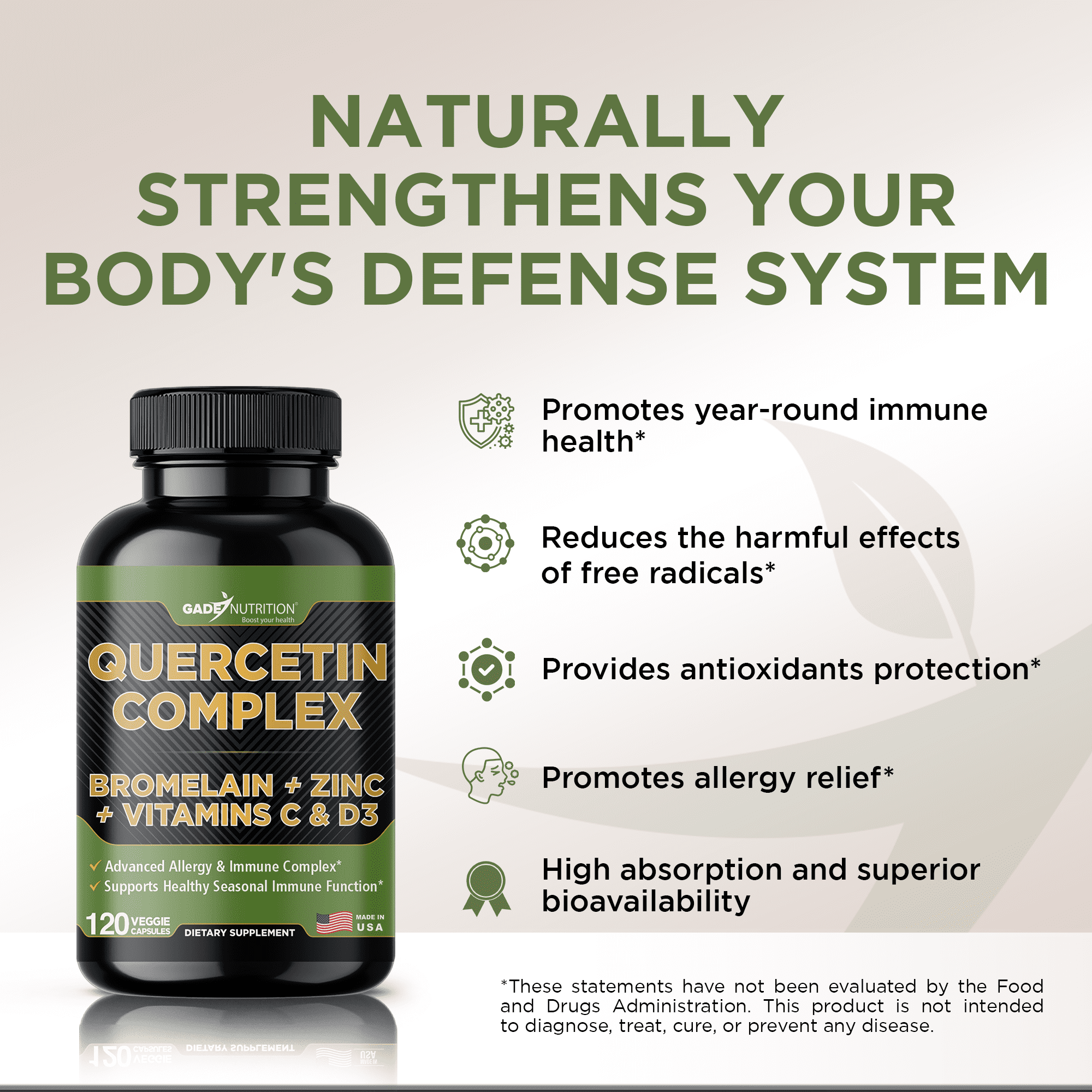 Gade Nutrition Quercetin Complex with Bromelain, Vitamin C, D & Zinc - Made with Organic Quercetin 500 mg - 120 Veggie Capsules