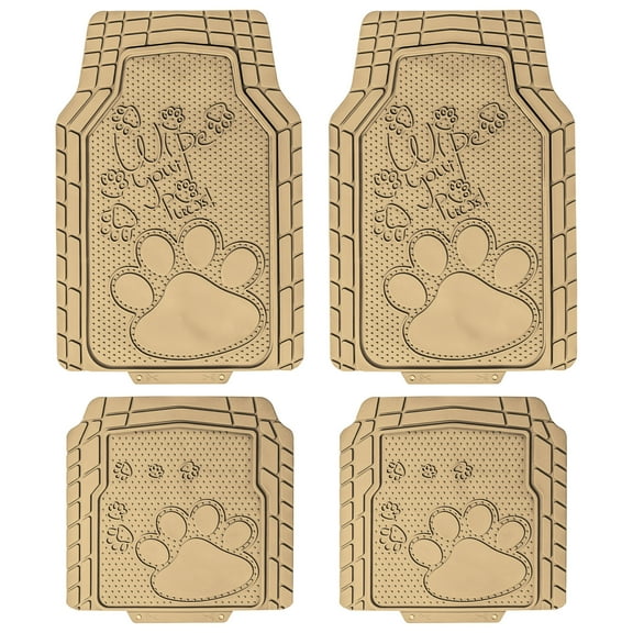 TLH Car Floor Mats - Adorable Paw Print, Heavy-Duty Beige Rubber Floor Mats for Cars, Universal Fit Full Set, ClimaProof Floor Mats, Trimmable Floor Mats Fit Most Sedan, SUV, Truck Floor Mats