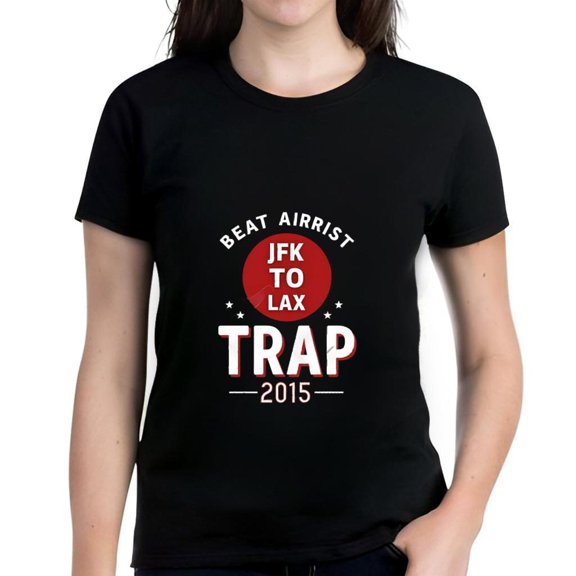 Cotton Short Sleeve T-Shirt for Women - Black Tee with Bold White & Red " BEAT AIRRIST JFK TO LAX 2015 " Graphic Design