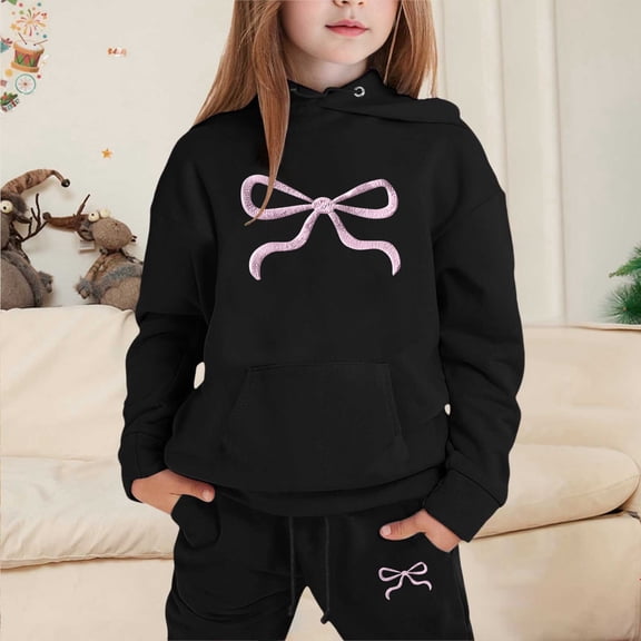 Angala 2 Piece Outfits For Girls Hooded Long Sleeve Bowknot Print Sweatshirt With Jogger Pants Set Girls Autumn Daily Wear Clothes