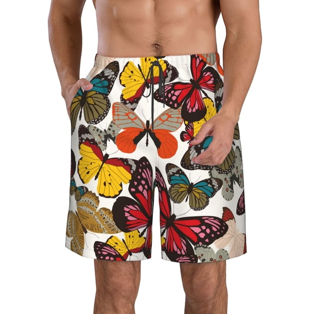Balery Retro Floral Butterfly Traje de Baño Estilo Hawaiano para Hombre, Shorts de Secado Rápido con Bolsillos-X-Large