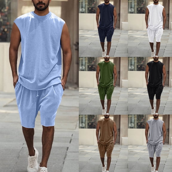 FRSASU Mens Oversize Cotton Tank Tops and Shorts Workout Sets Cut off Muscle Gym T Shirts Summer Beach 2 Piece Outfits White