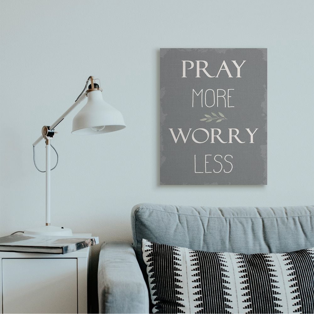 Stupell Industries Pray More Worry Less Soft Distressed Grey Charm Canvas Wall Art Design by Daphne Polselli, 24" x 30"