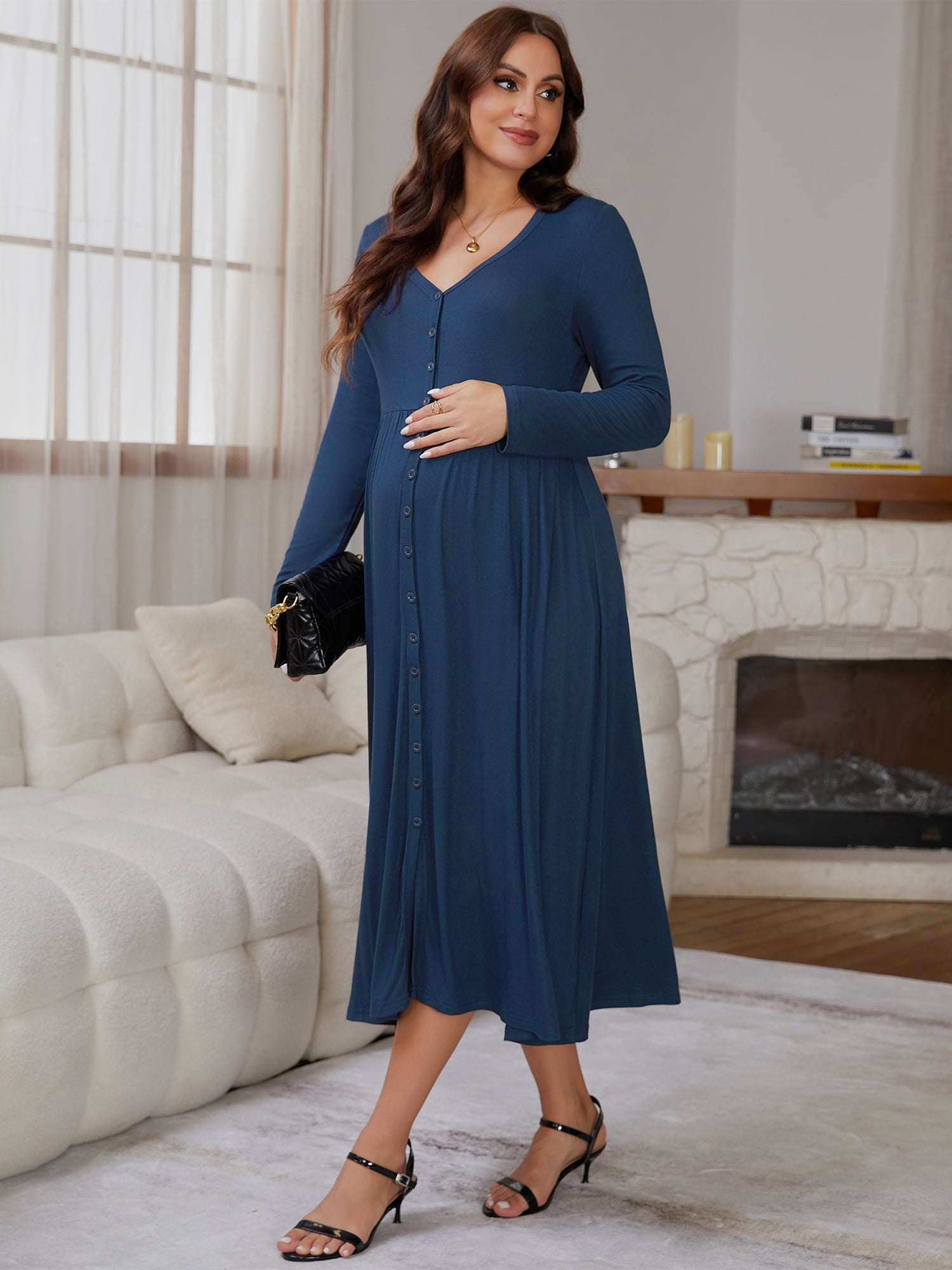 DARING DIVA Women's Soft A-line Maternity Dresses Long Sleeve Maxi Dress M Blue