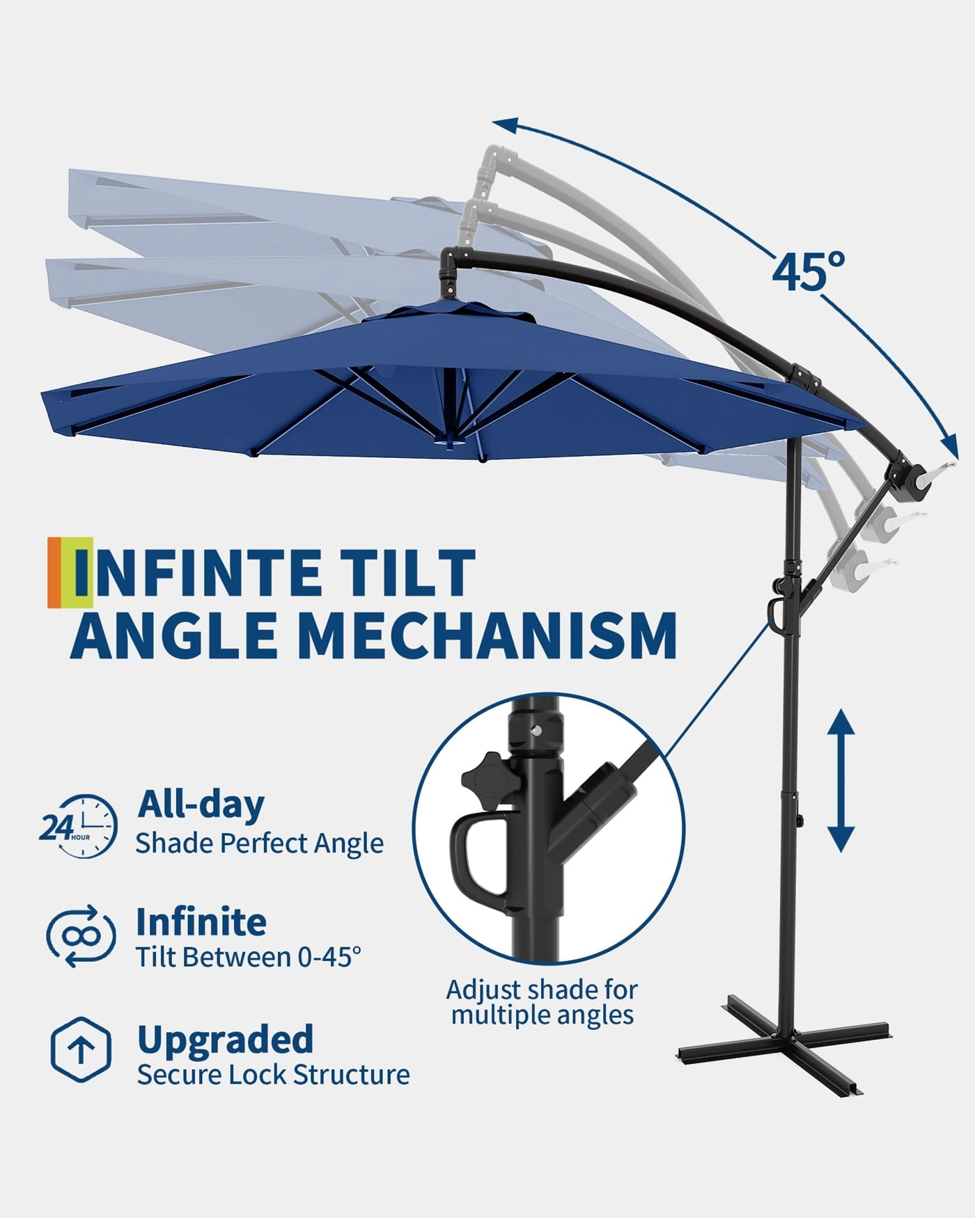 Arigeas 10FT 360 Degree Rotation Cantilever Umbrella with Cross Base, Outdoor Offset Patio Umbrella with Tilt and Crank Lift