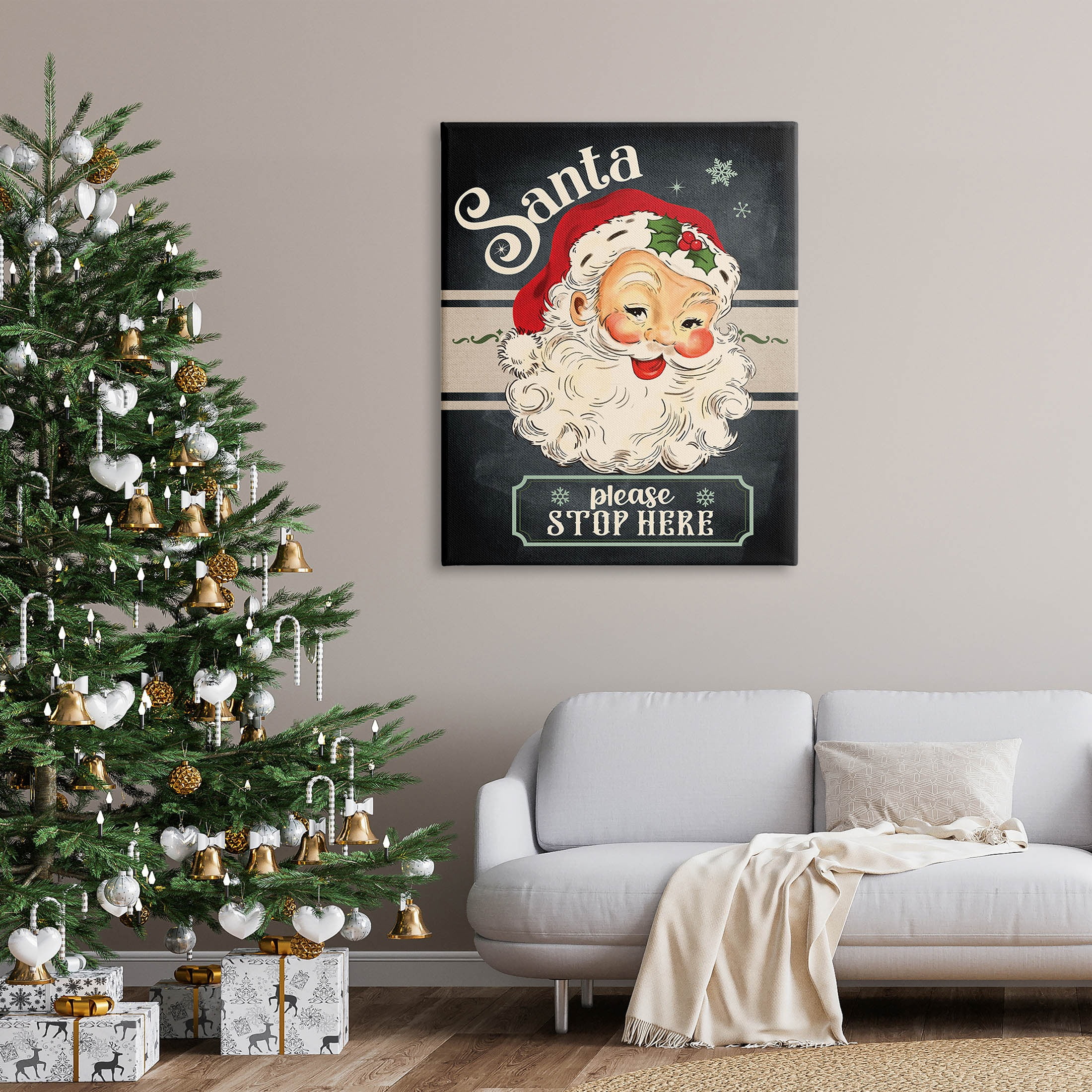 Santa Please Stop Here Vintage Smiling Holiday Graphic Art Gallery Wrapped Canvas Print Wall Art