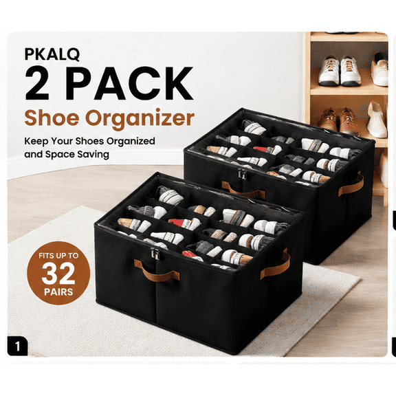 PKALQ 2 Pack Shoe Organizer for Closet, Foldable Shoe Storage Bins with Clear Cover, Space Saving Shoes Holder with 3 Handles, Shoe Box Storage Containers, Fits up to 32 Pairs, Black