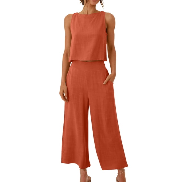 Xdegoge Ensembles d'Été en Lin Deux Pièces pour Femmes Hauts Courts Sans Manches Col Rond Pantalons Larges Taille Haute Ample Léger Respirant Survêtements Tenues de Détente