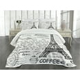 thumbnail image 3 of Ambesonne Black White Quilted Bedspread Set 3 Pcs, Bonjour Croissan Coffee, Queen Size, Black White, 3 of 5