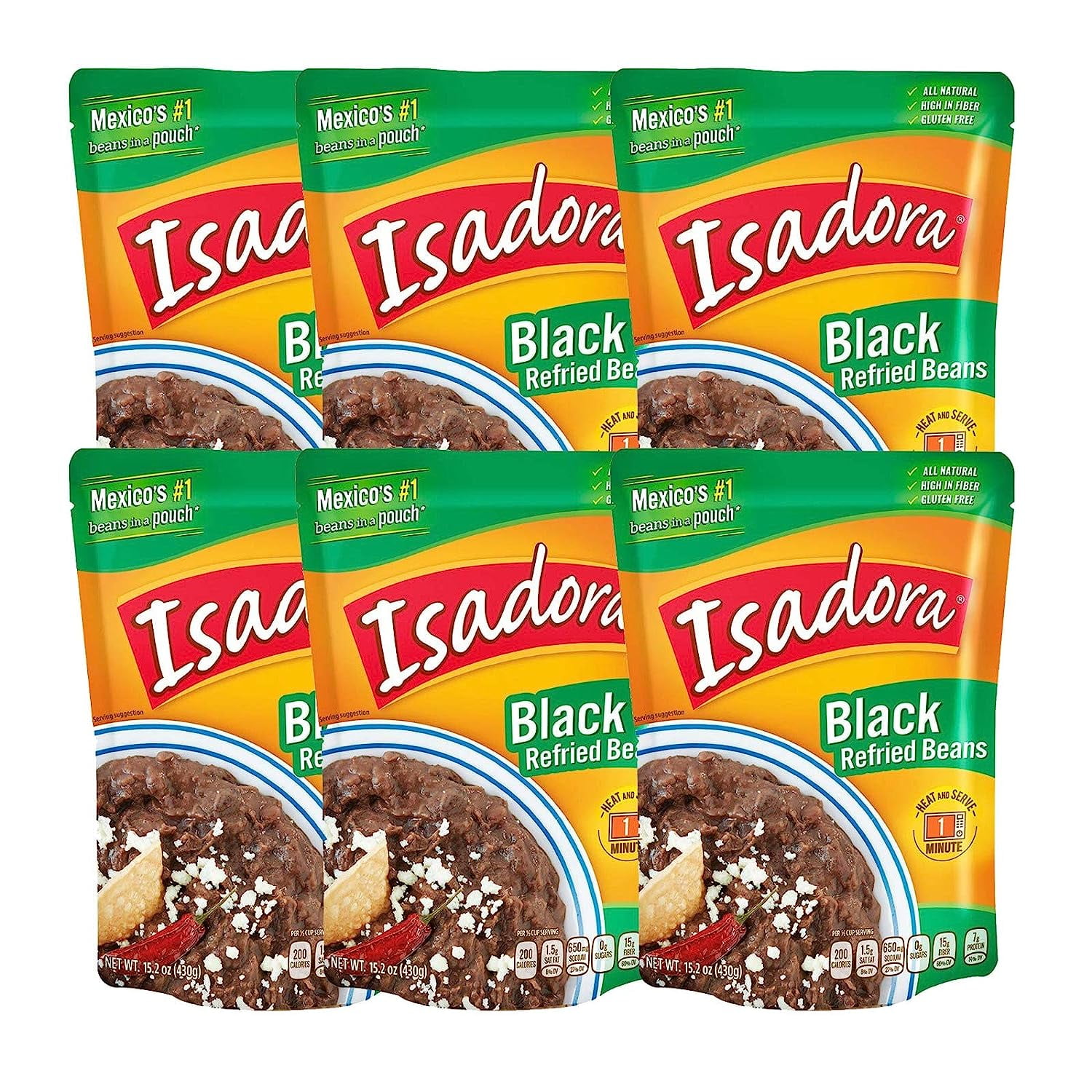 Isadora Refried Beans 15.2oz Pouch (Black Beans, 6 Pack)