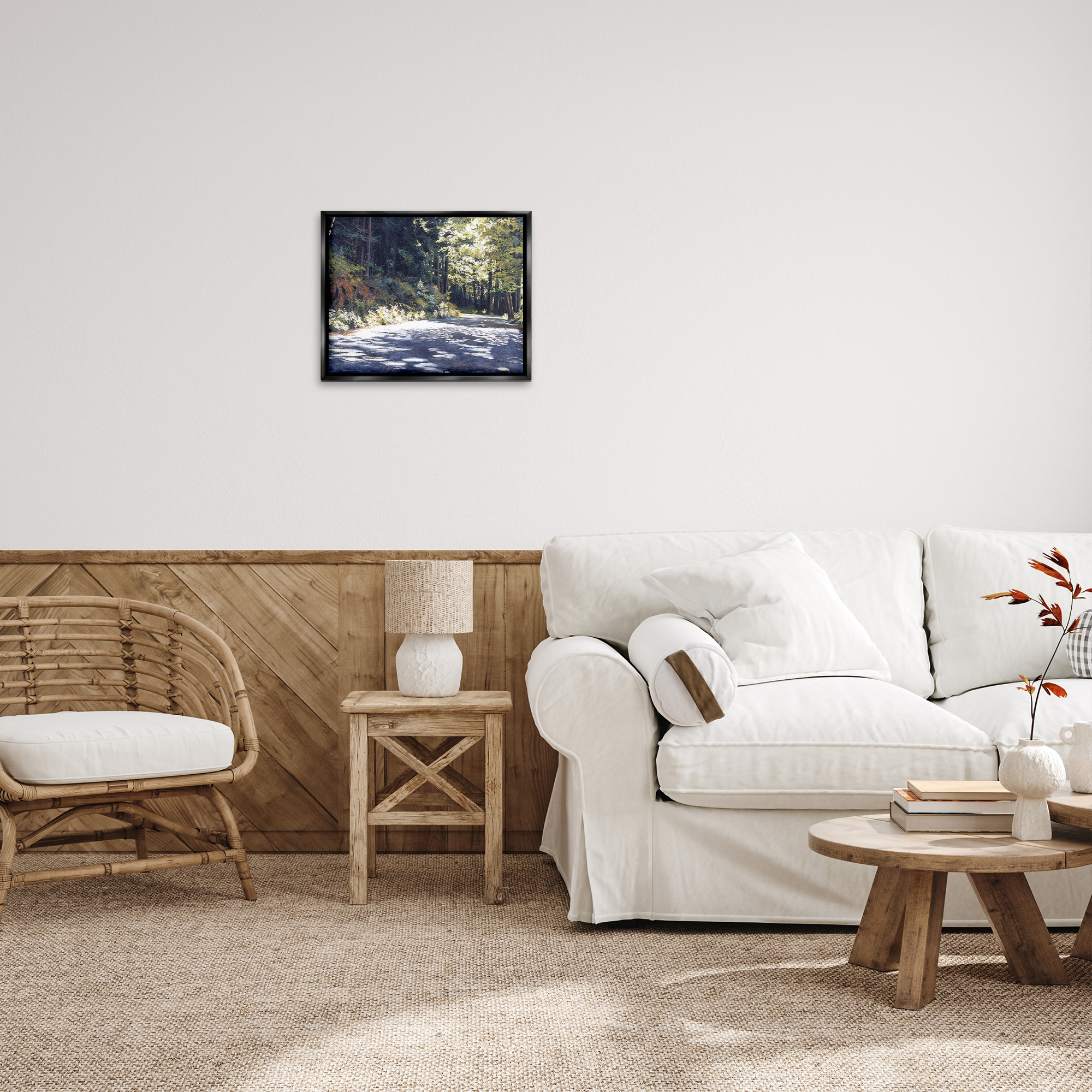 Stupell Industries Sunlit Woodland Road Landscape Painting Black Floater Framed Canvas Art Print Wall Art, 21 x 17