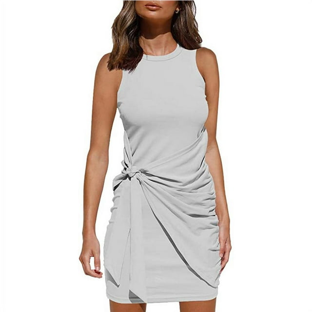Women's Sleeveless Crew Neck Tank Dress Tie Waist Ruched Bodycon Mini Dress