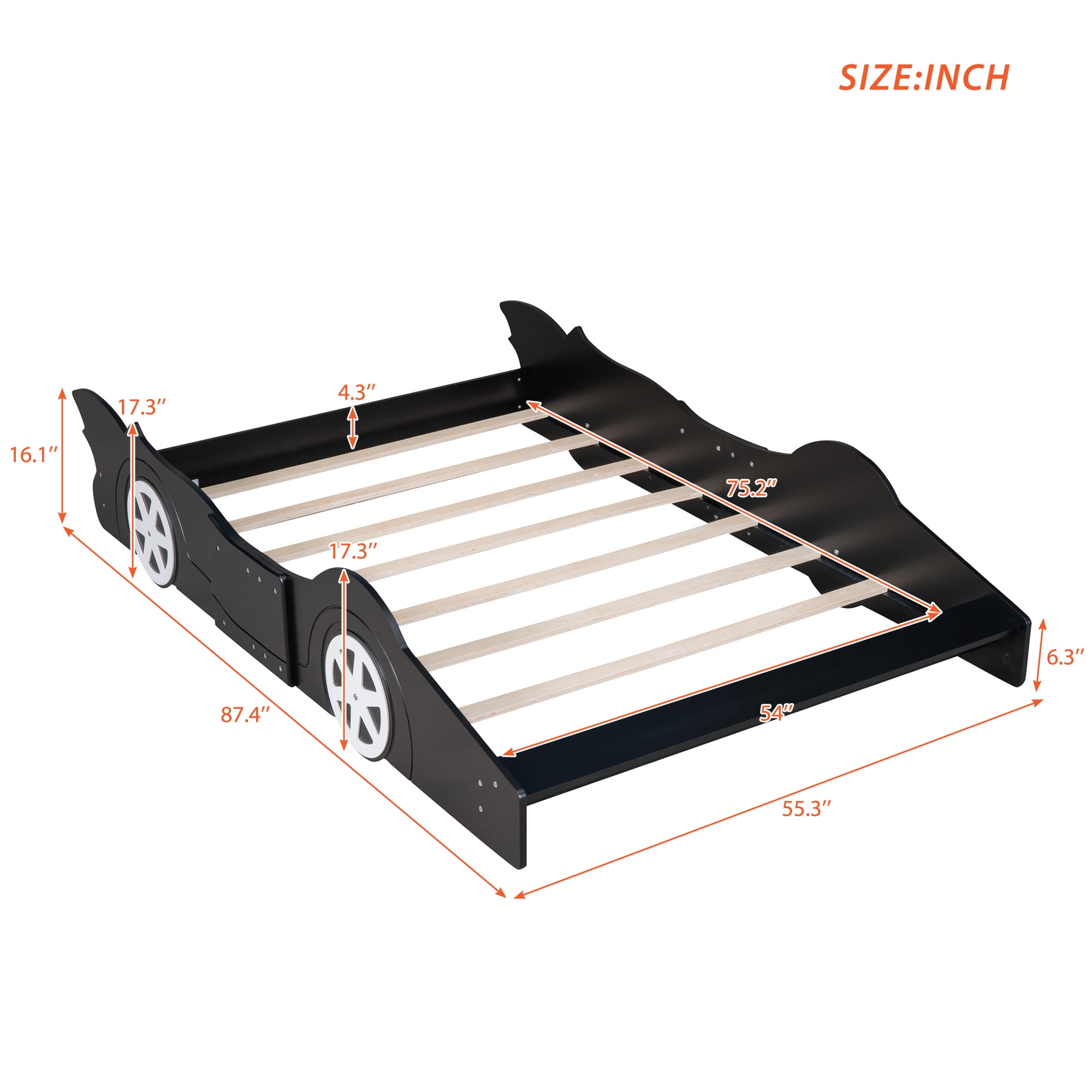 Solid Wood Race Car-Shaped Platform Bed with Wooden Slats, Bed with Wheels, Platform Bed with Headboard and Footboard, No Box Spring Needed (Black,Full)