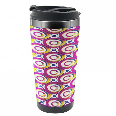 

Retro Travel Mug Colorful Hip Circles Swirls Steel Thermal Cup 16 oz by Ambesonne