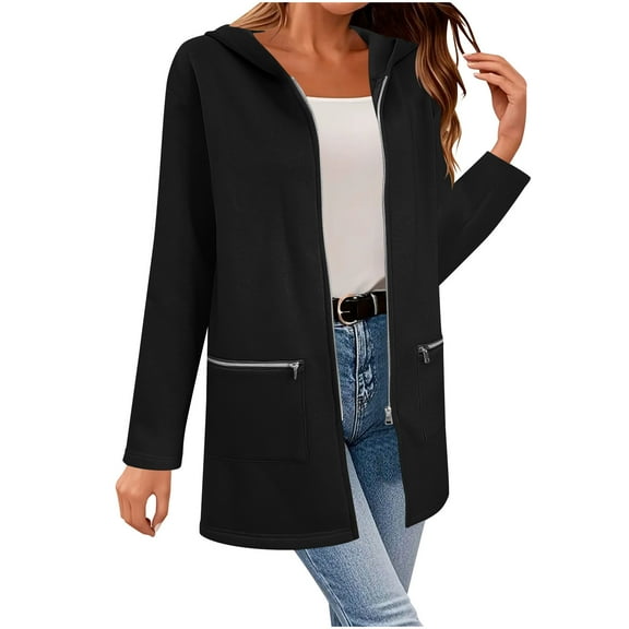 Enjoytime Jackets for Women Fall Winter Long Sleeve Zip Up Hoodie Fashion Lightweight Casual Outerwear with Pockets Black S