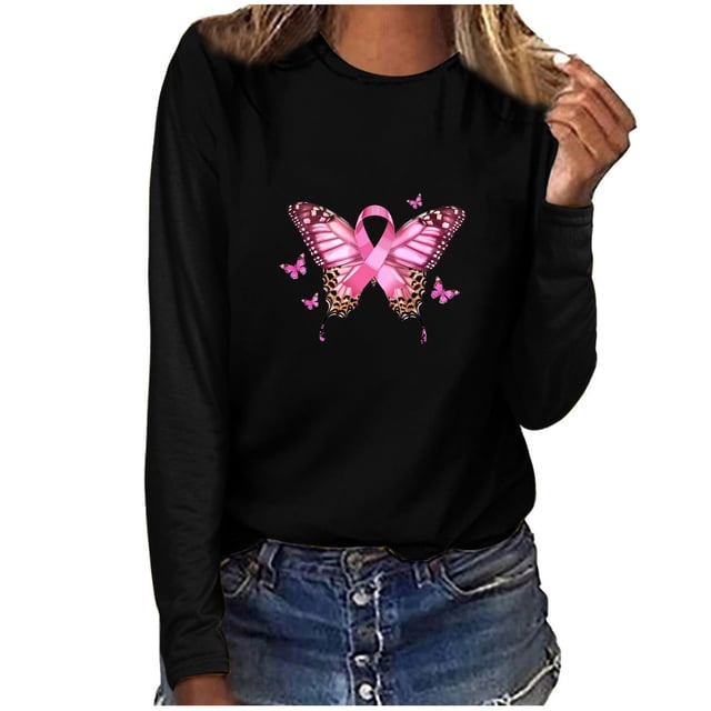 Tawop Tshirts Shirts for Women Women Tops Round Neck Long Sleeve Casual Printed Women Tshirts Loose Fit Black Xxl