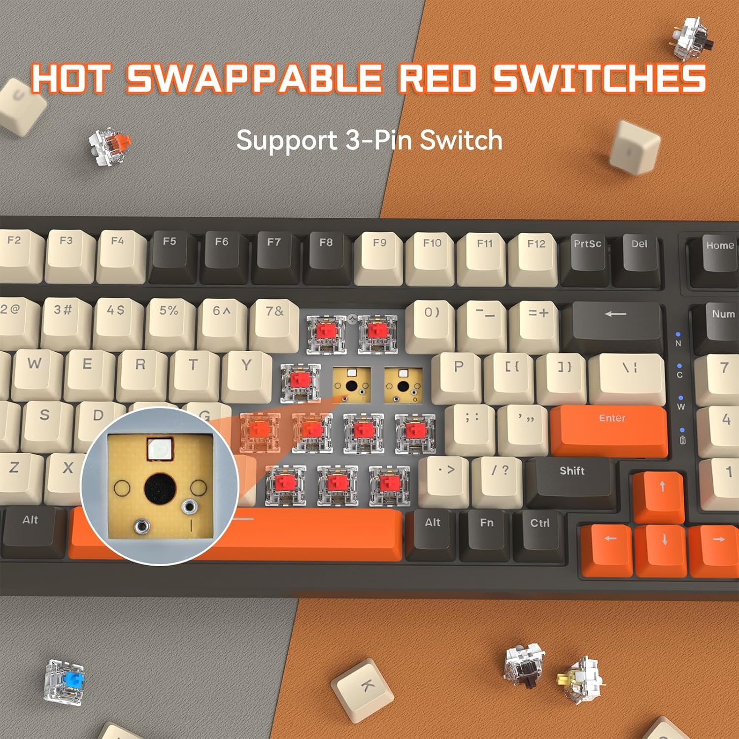 ZIYOULANG K8 3-Mode Wireless Mechanical Keyboard with Coiled Cable, BT5.0/2.4G/Wired, 19 Backlit,100 Keys Hot Swappable Red Switch Gasket RGB with Number Pad for PC Gamers/Mac/Windows/Laptop-Orange