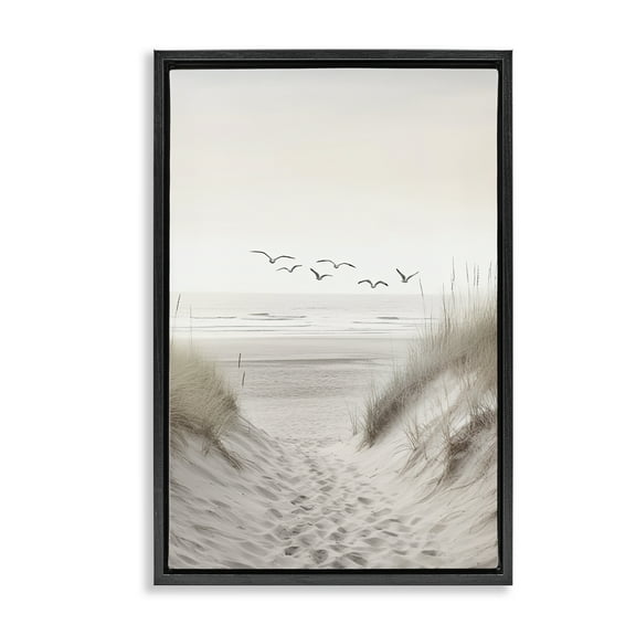Seagulls over Sandy Footprints Black Framed Floater Canvas Wall Art, design by Decent Exposures