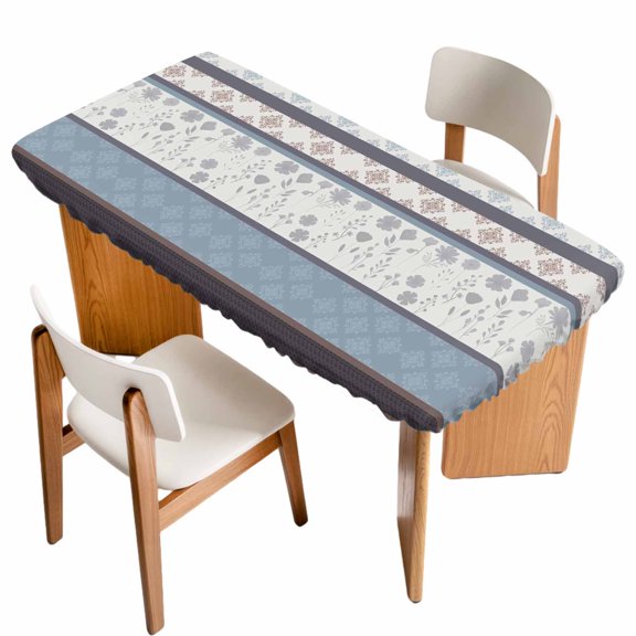 Blue Brown Stripes Table Cloths for 5 Foot Rectangle Tables, Abstract Geometric Spring Flowers Country Patio Waterproof Elastic Fitted Tablecloths, Washable Rectangular Table Cover for Camping