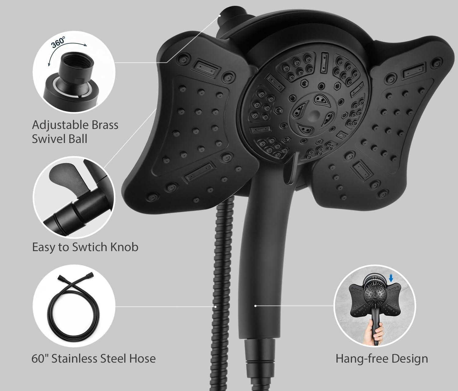 KESTE Shower Head with Handheld Spray Combo: High Pressure 2 in 1 Shower Heads with 60” Hose & 9 Mode Adjustable Handheld Shower, Double Rain Showerhead for Bathroom with Anti-Clog Nozzles, Black
