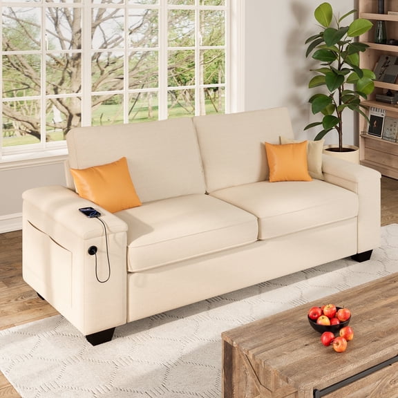 Asofer 3-Seater White Sofa with USB and Storage - 900lbs Support, Washable Chenille