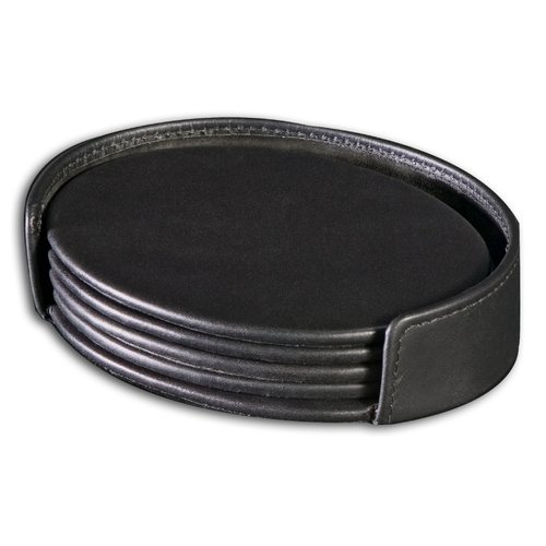 Dacasso 1000 Series Classic Leather Four Oval Coaster Set with Holder in Black