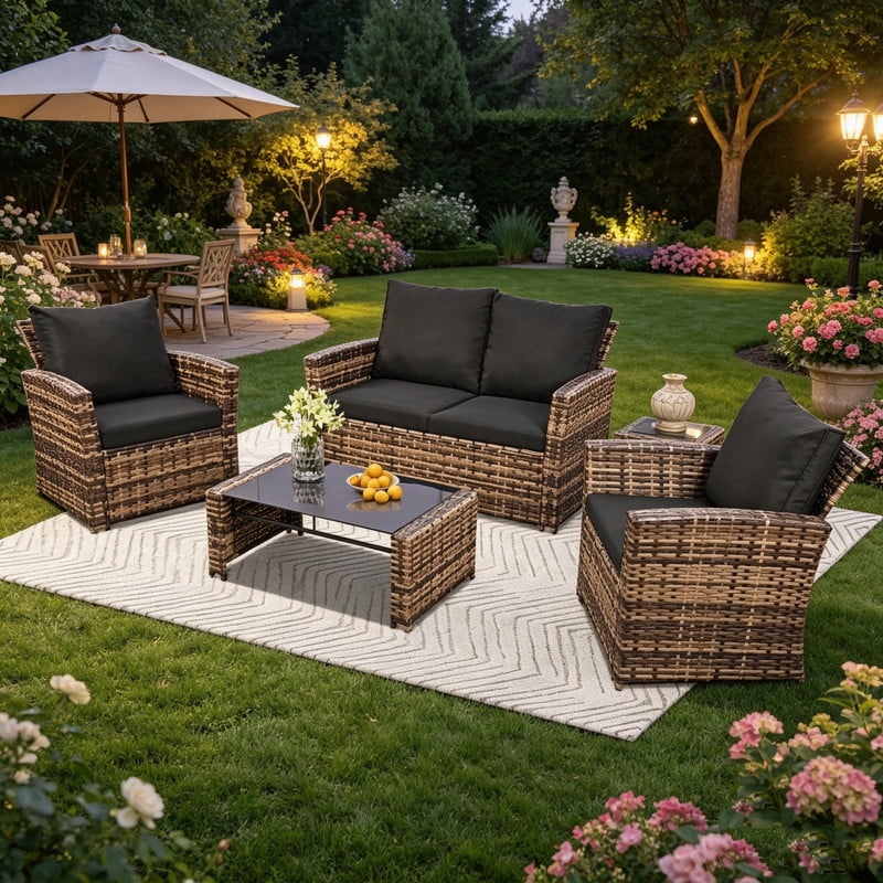 Howcool 4-Piece Patio Furniture Set,Wicker Outdoor Rattan Sectional Sofa with Cushions and Glass Table,All-Weather Outdoor Conversation Set for Garden,Porch,Backyard,Patio,Brown+Black