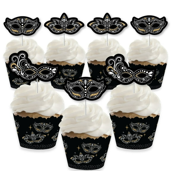 Big Dot of Happiness Masquerade - Cupcake Decoration - Carnival Mask Party Cupcake Wrappers and Treat Picks Kit - Set of 24