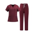 thumbnail image 2 of Medical Uniform Women's Scrub Set 4-Way Stretch Y-Neck Tape Top and Pants Wine L, 2 of 3