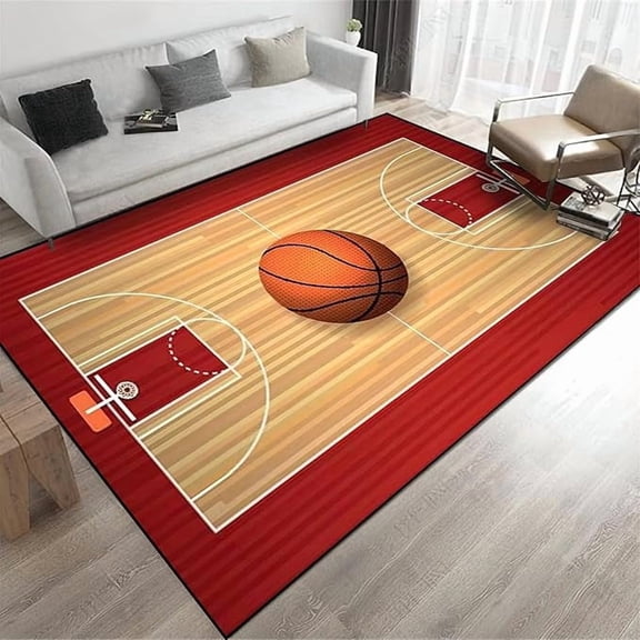 Basketball Court Area Rug, Wood Grain Basketball Court Sports Theme Non Slip Kids Rugs, Easy Care Stain Resistant Carpet for Indoor Living Room Bedroom Office Decor Mat 5 x 8ft