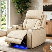 Aukfa Power Recliner RV Sofa with USB, Cup Holders & LED Lighting, Storage Arm, Home Theater Seating for Living Room, PU Leather, Beige