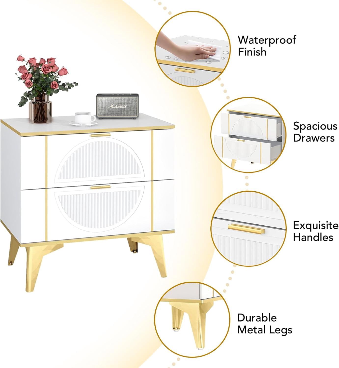 AISWORD Nightstands Set of 2 with Storage, End Table with 2 Drawers, Night Stand with Metal Legs, Farmhouse Sofa/Bed Side Table for Living Room, Bedroom (White)