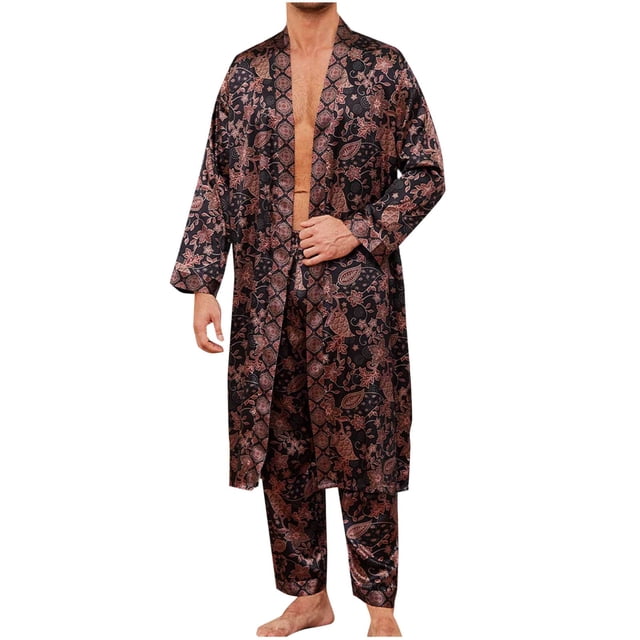 COM1950s Ensembles de Pyjama, Homme Imprimé Simulation-Silk Robe à Nouer Pantalon Ensembles de Pyjama