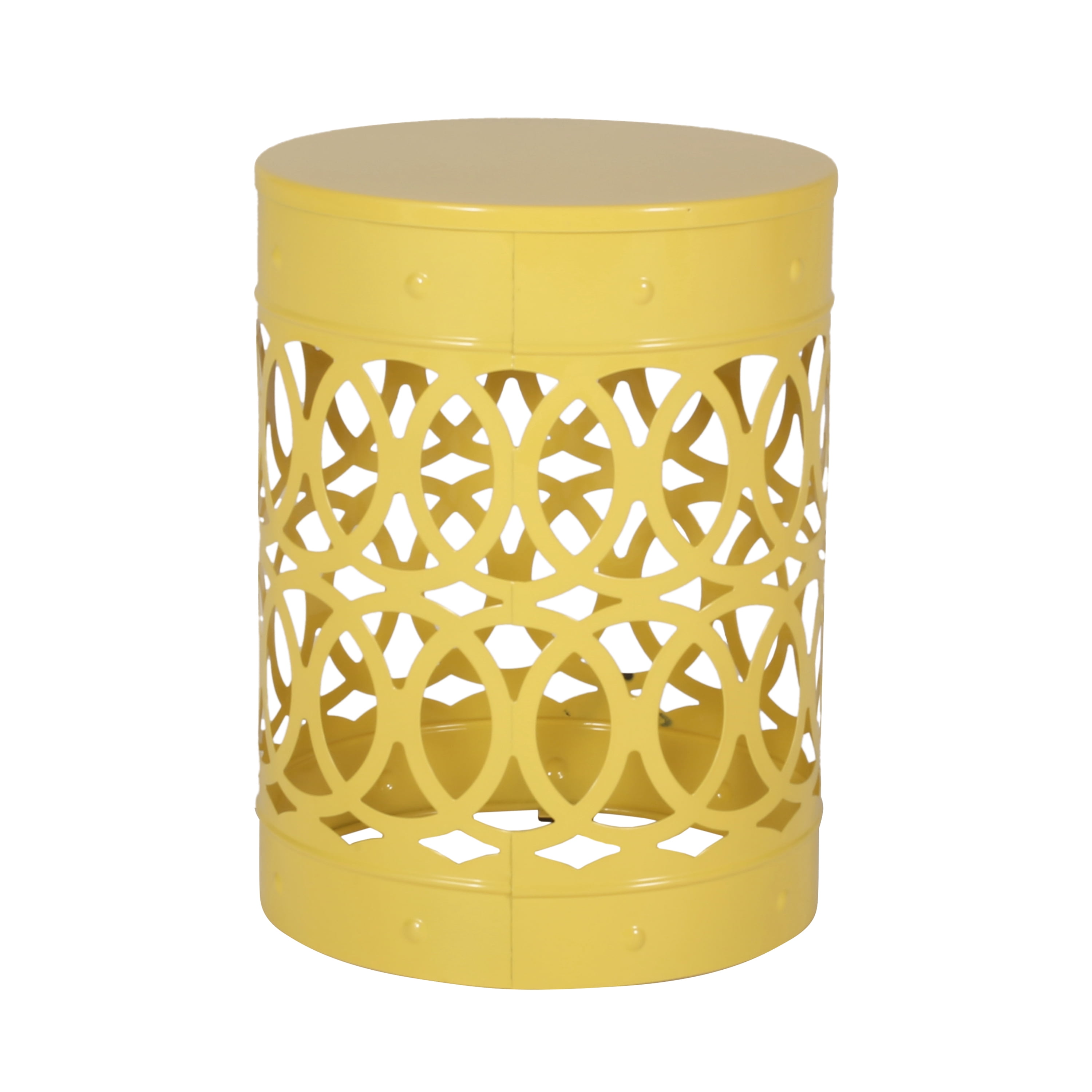 Outdoor Nesting Side Table Set of 2, Cylindrical Hollow Out Iron Structure for Patio Garden, Yellow
