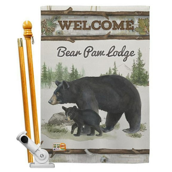 Breeze Decor BD-WL-HS-110103-IP-BO-D-US18-WA 28 x 40 in. Bear Paw Lodge Nature Wildlife Impressions Decorative Vertical Double Sided House Flag Set with Pole Bracket Hardware