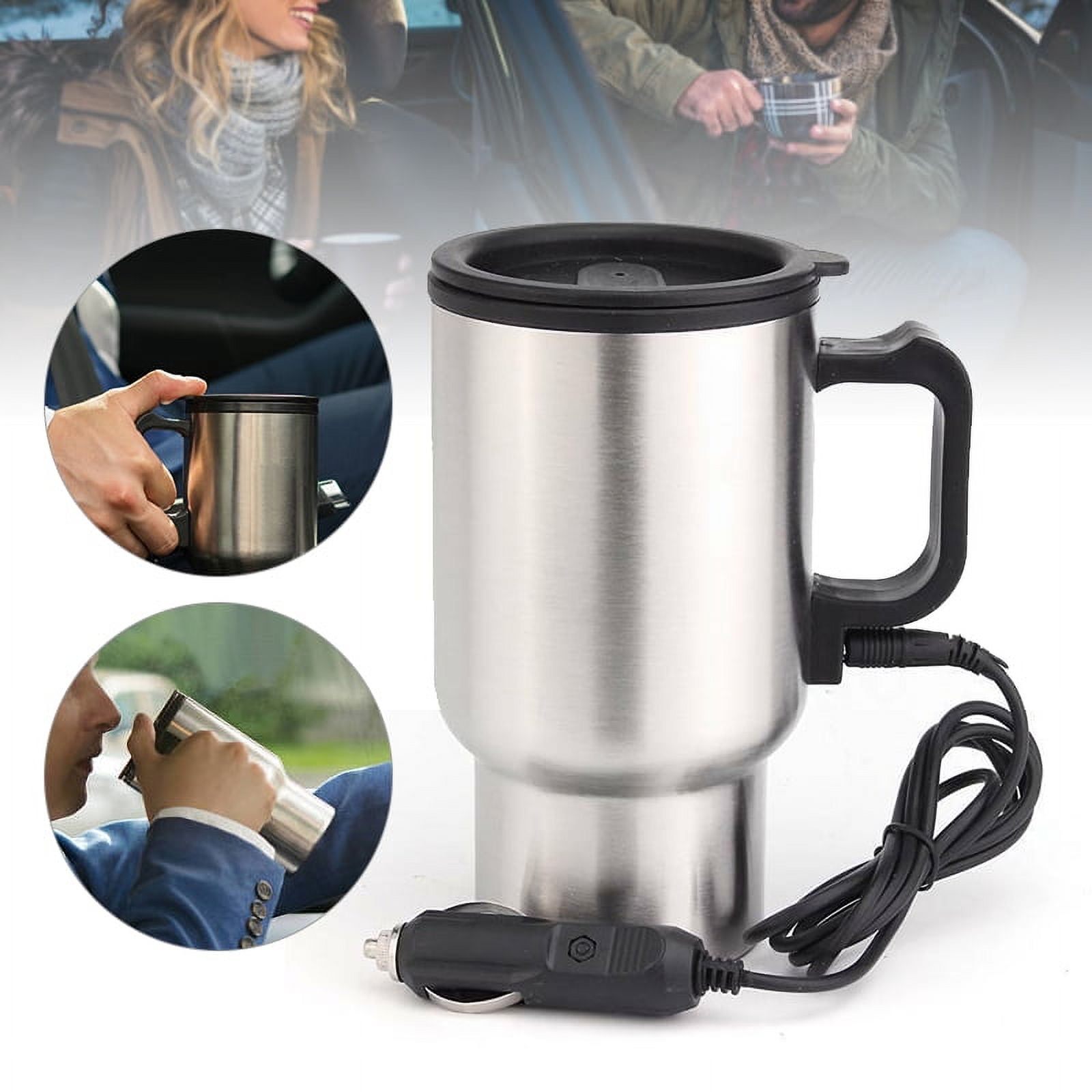 Rely2016 12V Car Heating Cup Stainless Steel Travel Coffee Cup Insulated  Heated Thermos Mug with Plastic Inside, 450ml Car Kettle for Heating Water