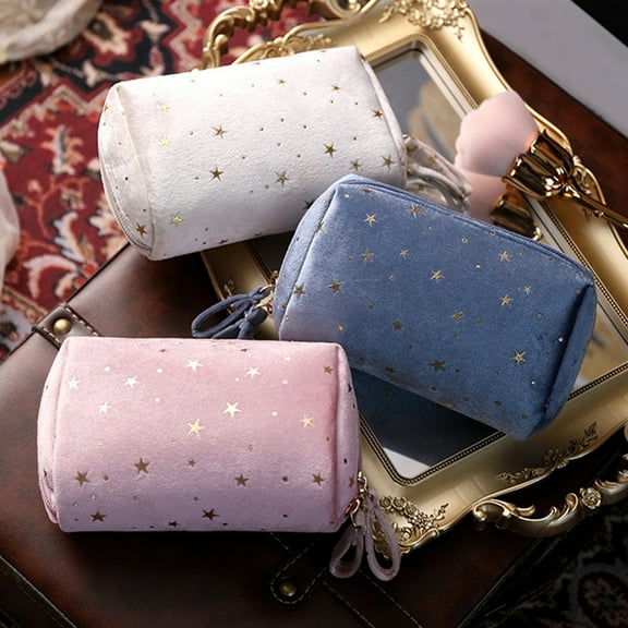 Happy Date Handy Cosmetic Makeup Bag,Velvet Embroidered Applique Moon Stars Sun Cosmetic Bag,Starry Makeup Pouch With Tassels & Pearl Zipper