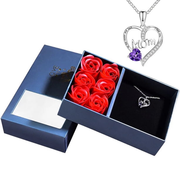 Collar con colgante de corazón de cristal para mamá, caja de regalo con seis rosas, te quiero, regalo de aniversario para el día de las madres