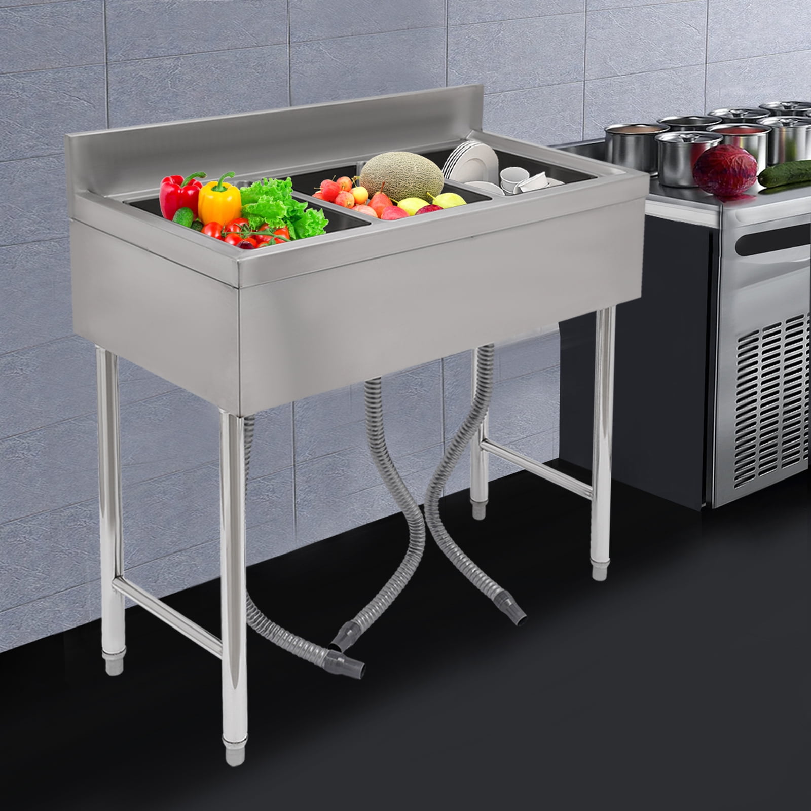 Wildnix 3-Compartment Stainless Steel Kitchen Sink with Faucet, Drainage Cover, Pull Ring, Honeycomb Aerator, Adjustable Legs for Commercial Use