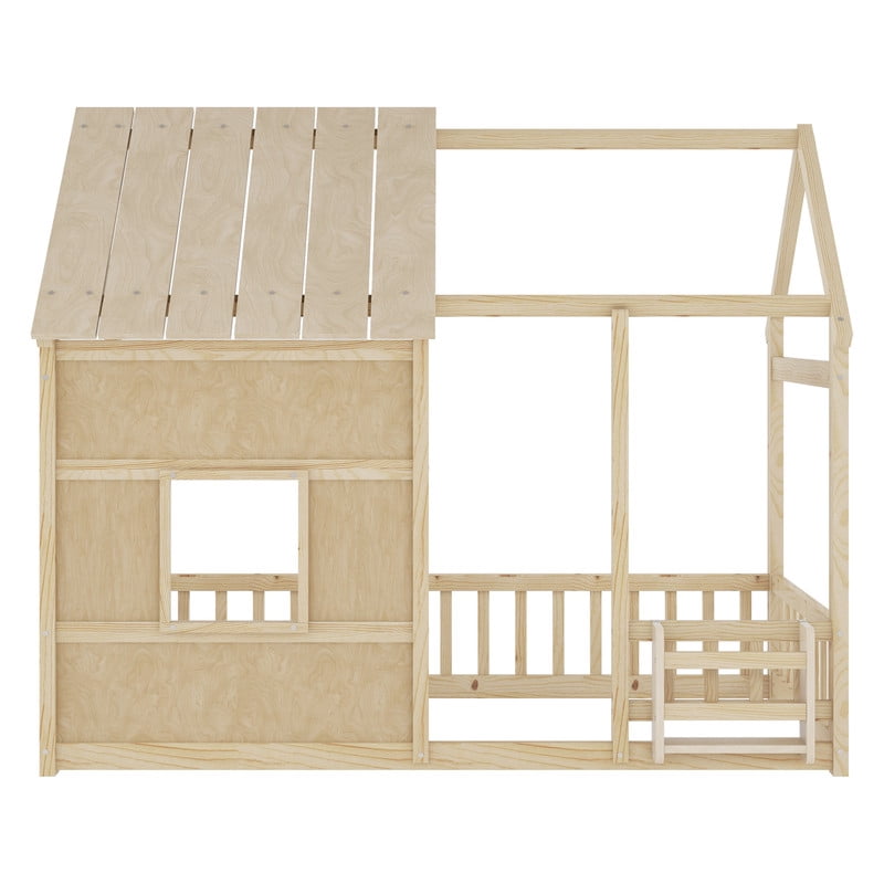 Bellemave Twin Size Montessori Bed with LED Light and Rails, House Floor Bed with Bookshelf, Wood Playhouse without Slats,Natural
