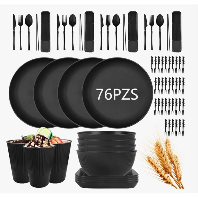 76pzs Juego De Vajilla Taza Bol Paja De Trigo Vajilla Modelo Negro