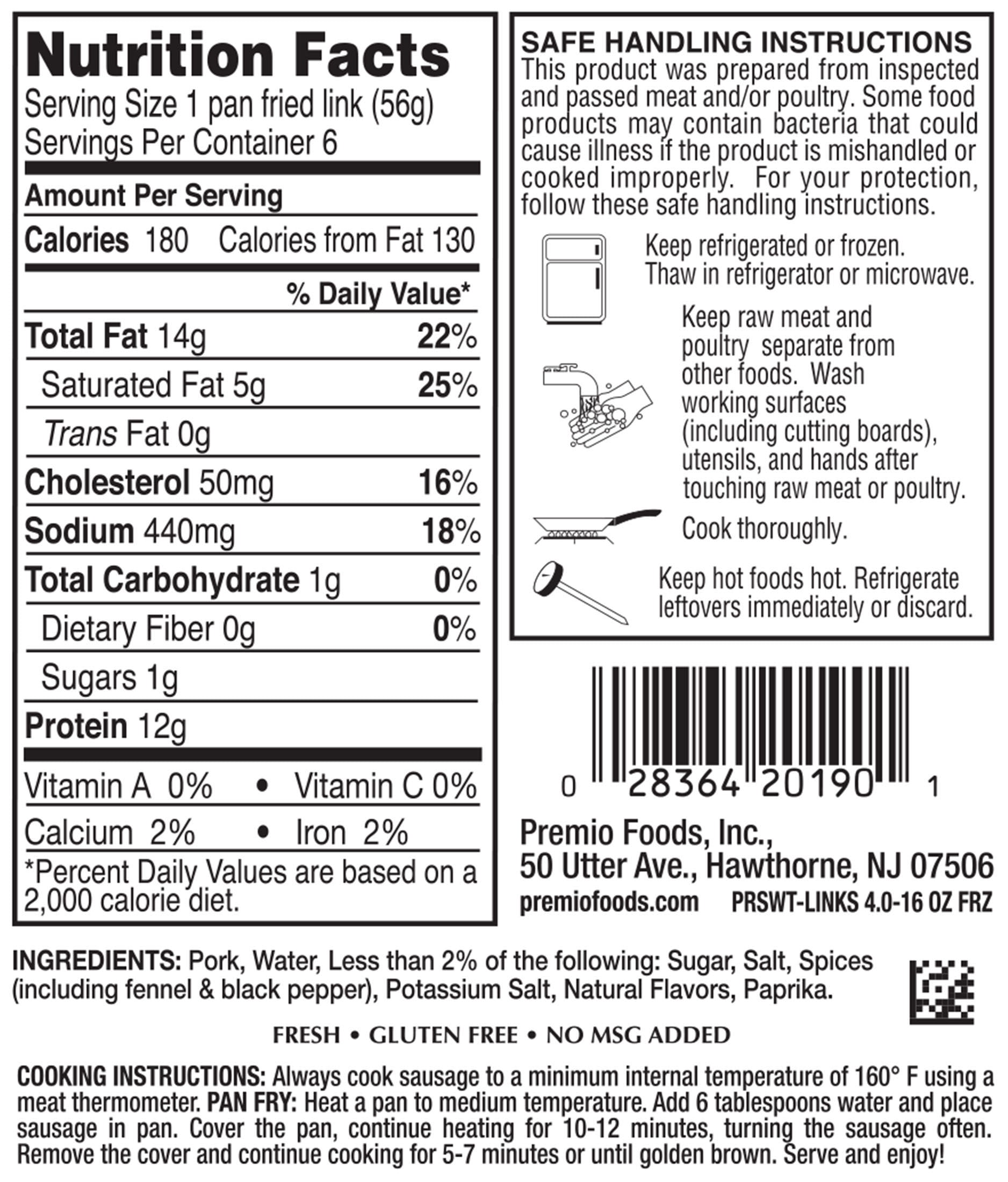 Premio Sweet Italian Pork Sausage Links, 16 oz, 6 Count Refrigerated