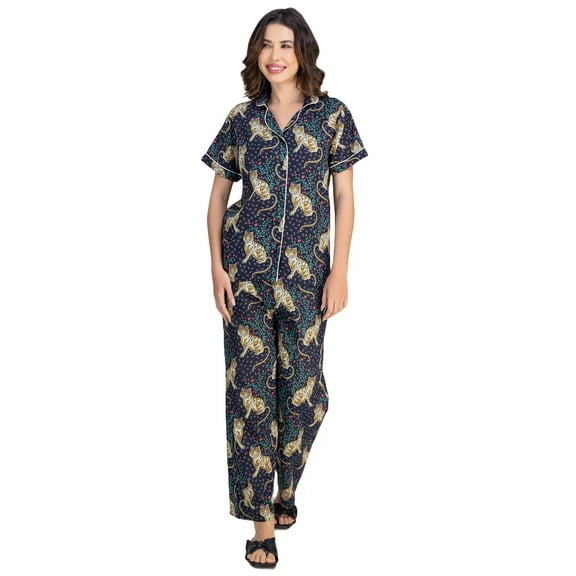 Moomaya Women's Cotton Printed Pajama Set - Soft Button-Down Night Suit With Short Sleeves