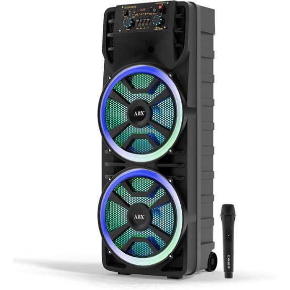 Audiobox ABX-214R Portable Bluetooth Speaker Karaoke Machine - Dual 12" Woofers, RGB Party Lights, AUX, Lightweight with Loud Bass, Singing Machine with Bluetooth & Wireless Microphone - 37-Inch Tall