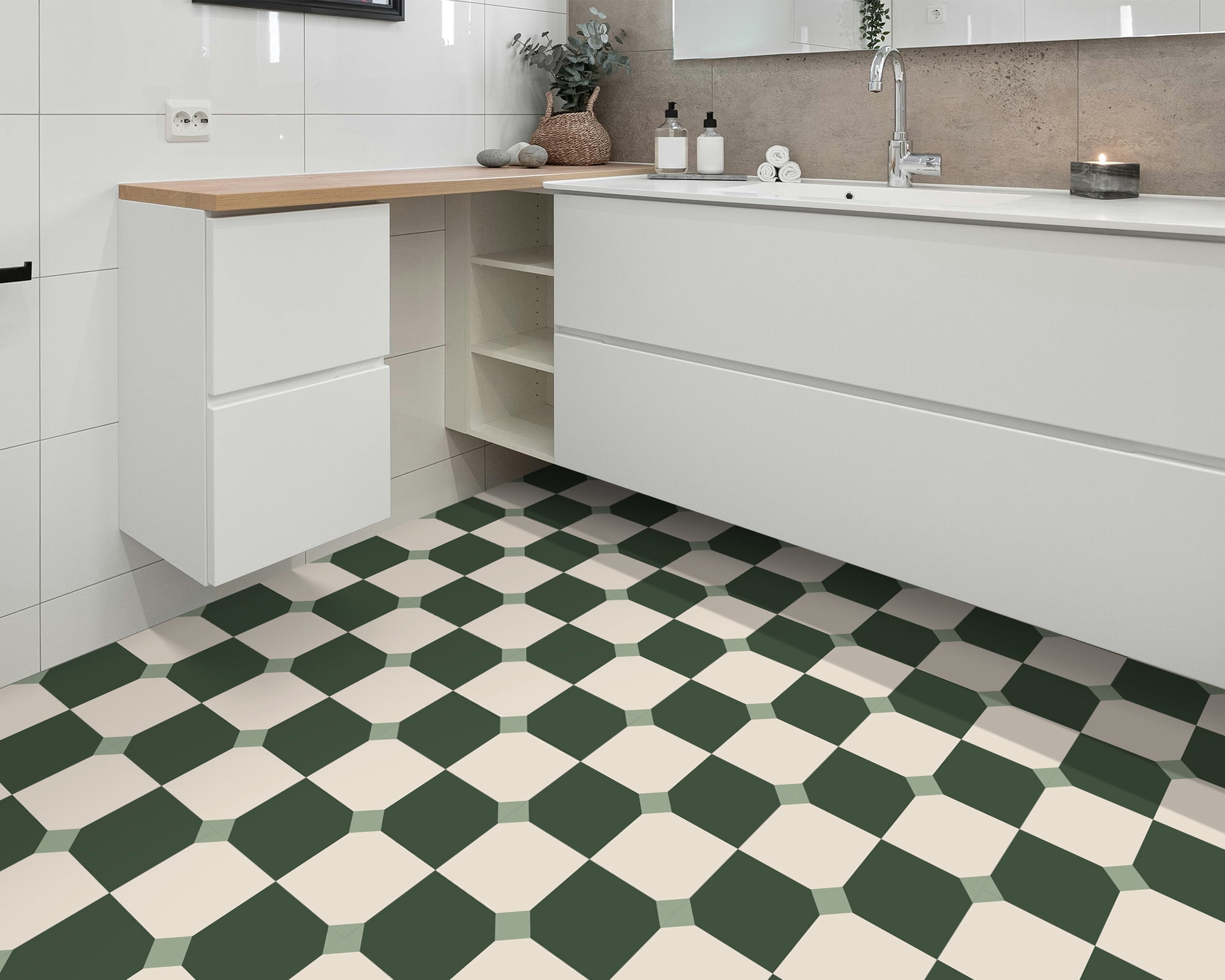 DEWOO 12" x 12" Peel and Stick Floor Tile, 10 PCS Self-Adhesive DIY Vinyl Flooring for Renters, Removable and Waterproof Tile Sticker for Bathroom, Kitchen, Staircase (White Green Grid)
