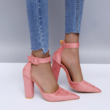 

YTJX Women s Fashion Solid Color Block Heel High Heels Pointed Toe Buckle Sandals