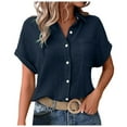 thumbnail image 3 of vigerkar Casual V Neck Button Down Shirts for Women Solid Short Sleeve Blouse Tops Summer Outfits Dark Blue, XXL, 3 of 9
