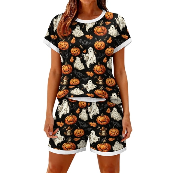 Women Halloween 2 Piece Set Witch Hat Bat Short Sleeve Horror T Shirts and Ghost Candy Pleated Funny Shorts, L